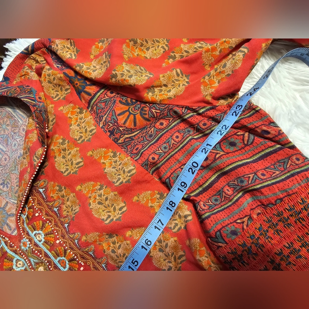 Soft Surroundings Red Paisley Midi Dress with Blue Trim - Picture 3 of 9